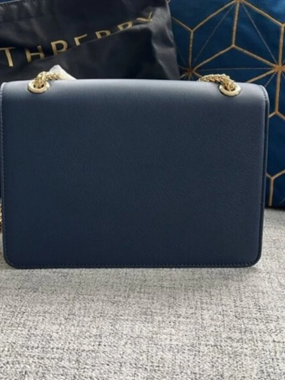 New Strathberry Navy Cream Leather Mini Bag w/ Shearling Handle & Gold Hardware